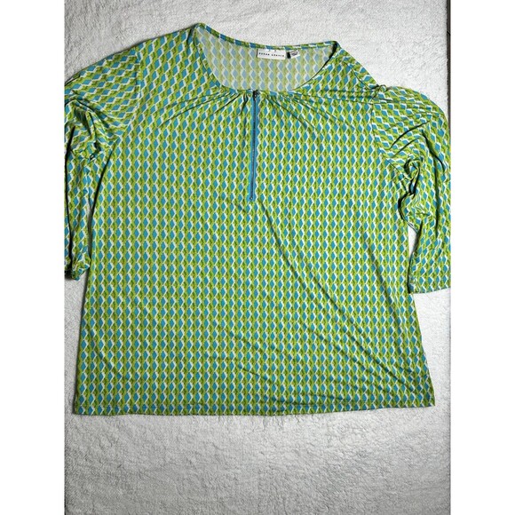 Susan Graver Blouse Sz XL Green Blue Diamond Geometric Pattern 1/4 Zipper - Picture 1 of 8
